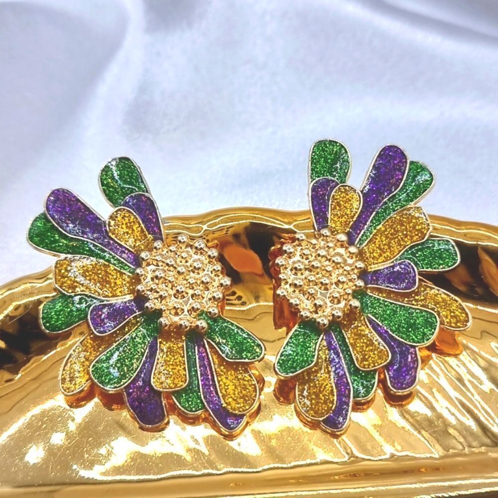 New! Mardi Gras Flower Earrings Green Purple Gold Rhinestone Crystal Stud